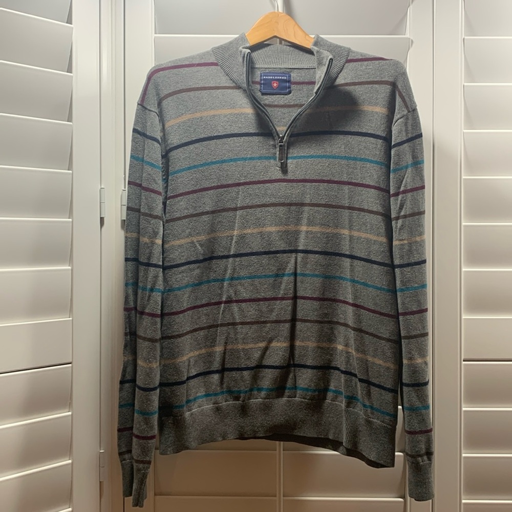 Saddlebred Men’s Medium Gray Striped Zip Turtleneck Long Sleeve Sweater